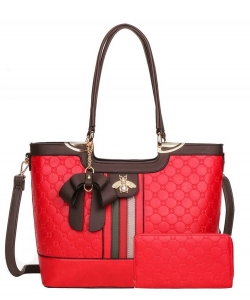 Queen Bee Bow Accent Classy Shopper Tote Set  H8-8581W RED